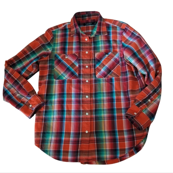 Lauren Ralph Lauren Shirt Button Down Chest Pockets  Red Plaid Cotton Sz 12 - Picture 1 of 7